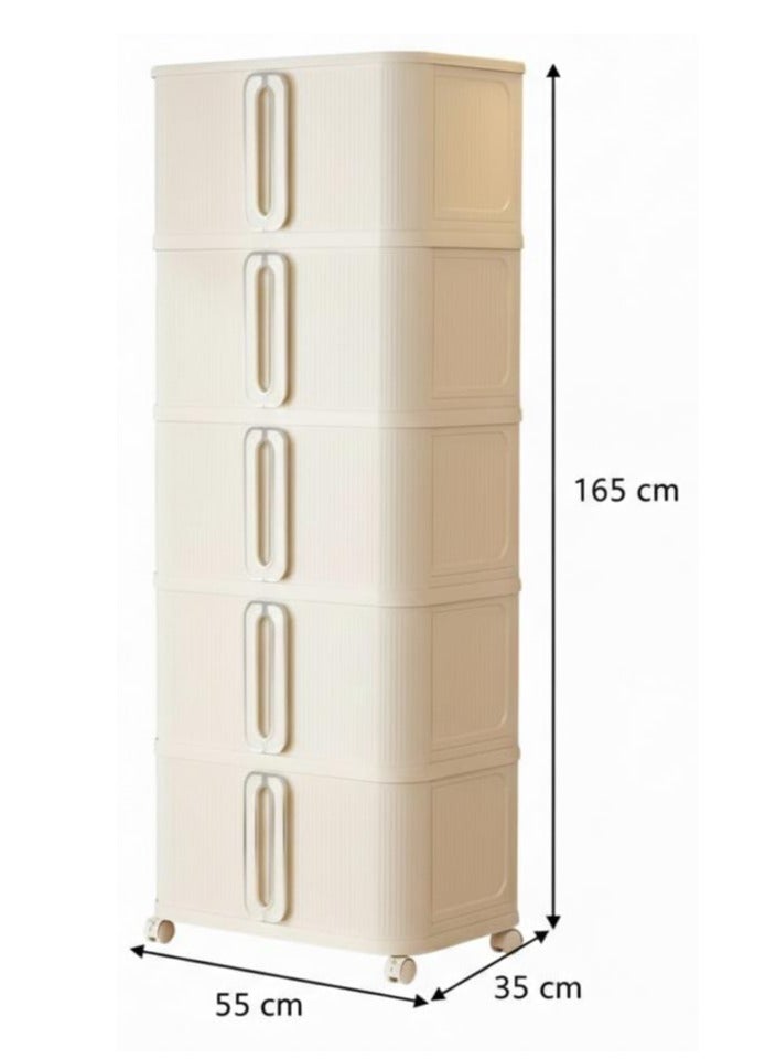 Spaceshoop 5 Tier Modern Plastic Storage Cabinet with Double Door Drawers and Wheel Cream White Medium - Image 3